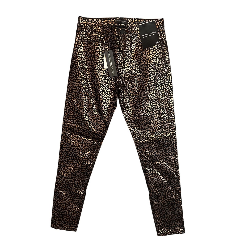 Banana Republic Premium Denim Mid-Rise‎ Skinny Ankle Jeans 26 Gold Leopard NWT